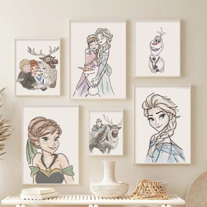 Frozen Wall Art Set of 6, Elsa Anna Olaf Sven and Kristoff Frozen Watercolor Art, Princess Art, Frozen 2 Art Print, Nursery Princess Posters