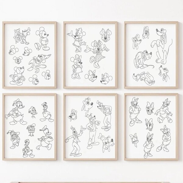 Mickey Mouse and Friends Art Print Set of 6 Sketched Boho Nursery Wall Art Poster, Mickey, Minnie, Goofy, Pluto Donald and Daisy Kids Art