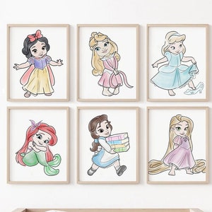 Watercolor Princess Art Print Set of 6, Hand Drawn Girls Nursery Art, Princess Art, Belle, Cinderella, Ariel, Rapunzel, Aroura, Snow White