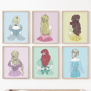 Princess Art Print Set of 6 for Girls Nursery, Princess Dress Wall Art, Belle, Elsa, Ariel, Sleeping Beauty, Cinderella, Rapunzel