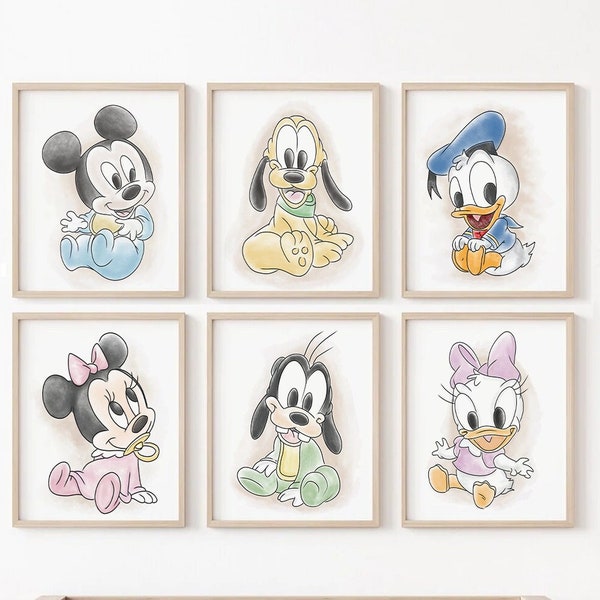 Baby Mickey Mouse Art Print Set de 6, Bébé Minnie, Pluton, Mickey, Donald, Daisy et Dingo pépinière Art, Décor, Affiche Mickey, Magic Kingdom