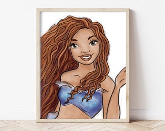 Watercolor Princess Ariel, Black Ariel, Diversity Art Print Nursery Art, Princess Art, Mermaid, Black mermaid, Princess Art Decor