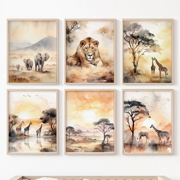 Impression d'art Afrique, lot de 6, aquarelle africaine, galerie, art du lion, éléphant, girafe, aquarelle de paysage, animaux d'Afrique, safari