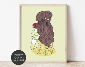 Princess Belle Watercolor Art Print, Rose Beauty and the Beast Gold Dress Print, Hand Drawn Girls Nursery Art, Nursery Art, Enchanted Rose