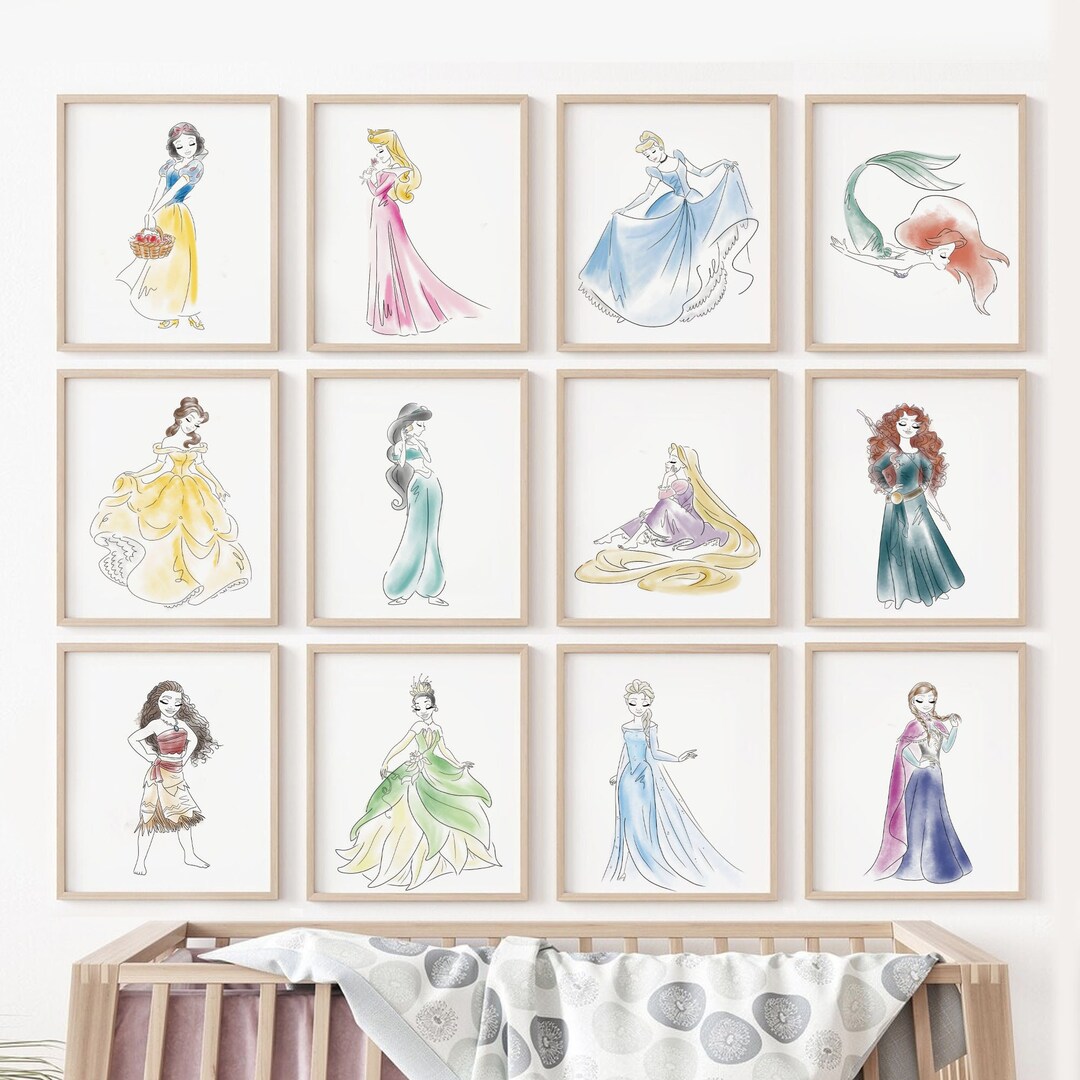Watercolor Princess Art Print Set of 12, Hand Drawn Girls Nursery Art ...