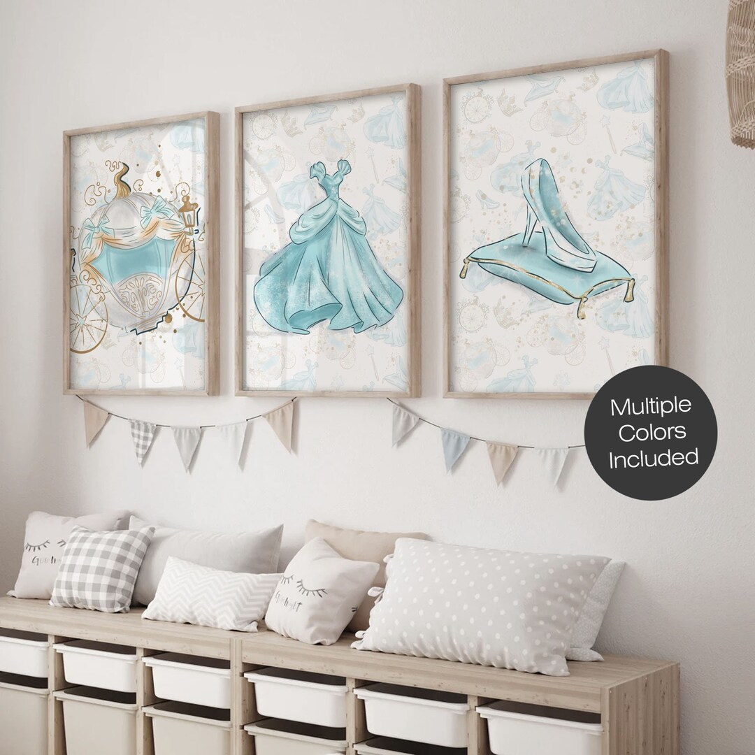 Cinderella Wall Art Set of 3, Princess Art, Glass Shoe, Princess