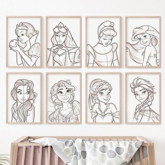Princess Art Print Set of 8 for Girls Nursery Sketched - Etsy