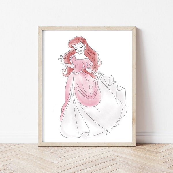 Princess Ariel Art Print, Pink Dress, Little Mermaid Art, Hand Drawn Girls Nursery Art, Watercolor Nursery Art, Princess Art, Walt, Mermaid