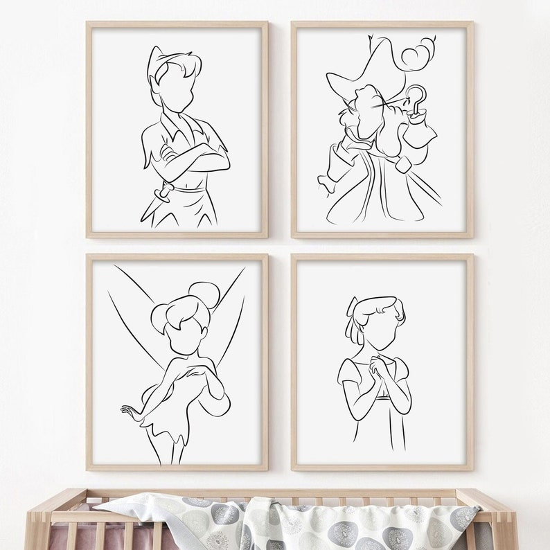 Peter Pan Art Print Set of 4 Black and White Line Art Etsy