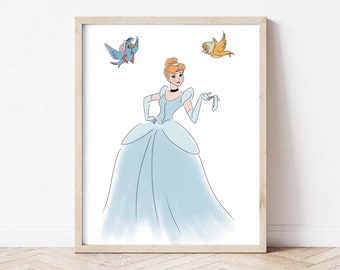 Princess Cinderella Art Print, Girls Nursery, Cinderella and Birds Princess Wall Art, Kids Decor, Princess Art, Dream Art, Hand Drawn Sketch