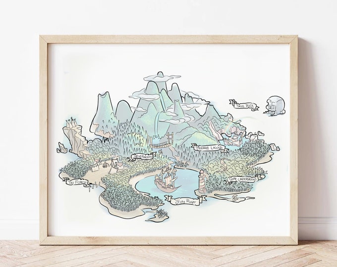 Printable Neverland Map, Peter Pan Art Print, Neverland Map, Tinkerbell Lost Boys, Neverland ...