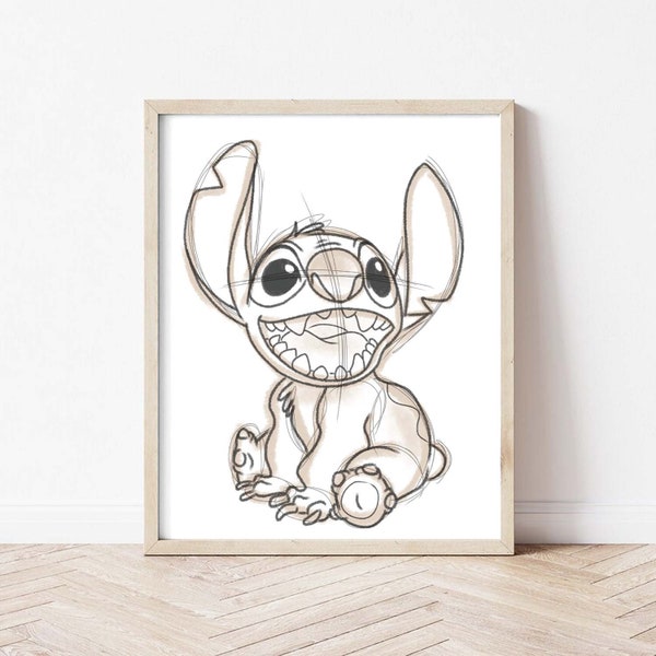 Stitch hand Drawn Art Print, Lilo and Stitch Art, Nursery wall art, nursery printable, Bedroom Print, Bedroom Art, Playroom, Movie Poster