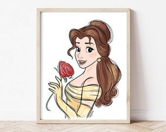 Belle Princess Art Print, Sketch Art, Colorful Gold Dress Wall Print, Beauty and the Beast, Minimalist Nursery Girls Wall Art Decor