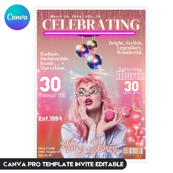 Magazine Cover - Magazine invite/ Birthday Invitation/canva pro template/ grad/ invite