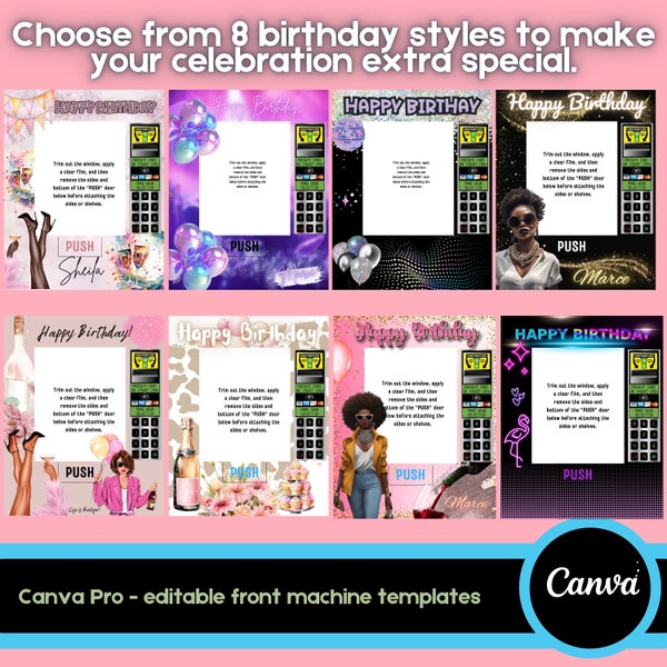 Happy B-Day Vending Machine Template Bundle, 8x10, you can resize them Editable Birthday Canva Template PNG