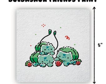 Mini impresión artística en acuarela de los amigos de Bulbasaur