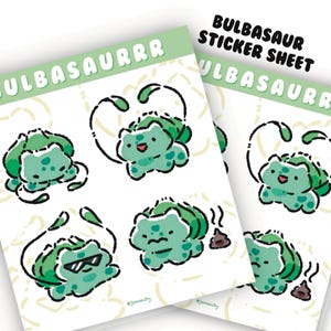 Può includere: Due fogli di adesivi con illustrazioni del personaggio Bulbasaur verde. Gli adesivi hanno uno sfondo bianco con un bordo verde chiaro e il testo "BULBASAURRR" e "BULBASAUR STICKER SHEET". Le illustrazioni di Bulbasaur sono in stile cartone animato.