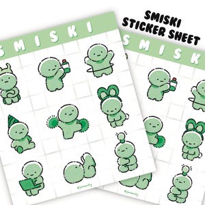 May include: Two sticker sheets featuring green cartoon characters in various poses. The stickers have a white background with a grid pattern. The text "Smiski Sticker Sheet" is printed in black. The stickers are designed by @joronity.