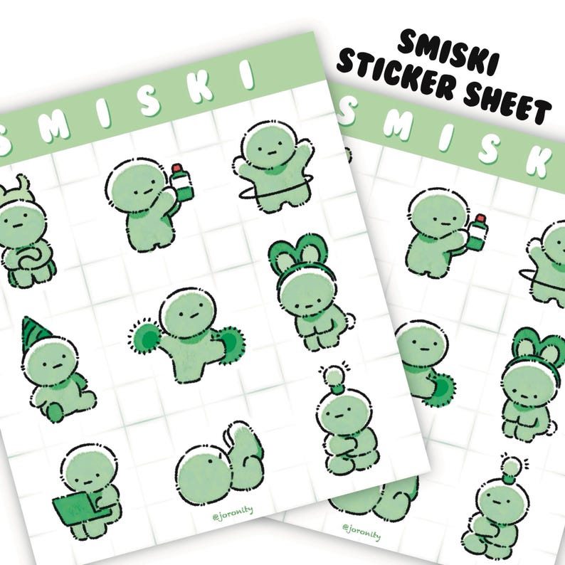 May include: Two sticker sheets featuring green cartoon characters in various poses. The stickers have a white background with a grid pattern. The text "Smiski Sticker Sheet" is printed in black. The stickers are designed by @joronity.