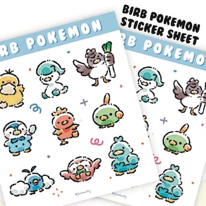 May include: A sticker sheet featuring a variety of cute bird-themed illustrations. The sheet includes a blue bird with a bow tie, a green bird with a crown, a red bird with a crown, and more. The sheet is titled "Birb Pokemon Sticker Sheet".