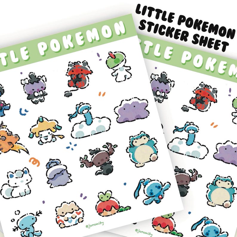 May include: A sticker sheet featuring various Pokemon characters in a cartoon style. The sheet is white with a green border and the text "Little Pokemon Sticker Sheet".