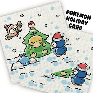 May include: Holiday card featuring Pokemon characters in a winter scene. The card has a white background with illustrations of a Christmas tree, penguins wearing Santa hats, and other Pokemon characters. The text "Pokemon Holiday Card" is in the upper right corner.