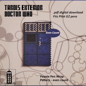 Op de afbeelding: Een blauw en zilveren kralenpatroon voor een TARDIS-buitenkant voor een peyote-penomslag. Het patroon is voor een even aantal peyote-steken en past op Pilot G2-pennen. Het patroon is een digitale download.