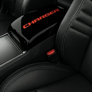 Dodge Charger LED Armrest Cover 2011–2021 – Custom Illuminated Center Console Lid Protector with Charger Logo – Red White Blue Light