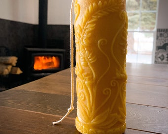 Fiddlehead Ferns Large Beeswax Pillar Candle- pure natural beeswax hand-poured in Idaho