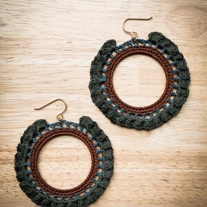 Crocheted ruffled hoop earrings sage, dusty blue, brown image 1