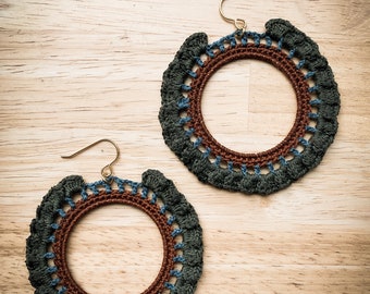 Crocheted ruffled hoop earrings- sage, dusty blue, brown