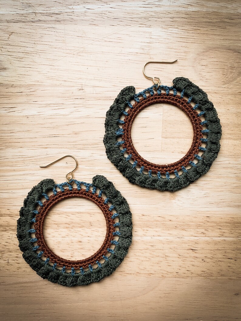 Crocheted ruffled hoop earrings sage, dusty blue, brown image 1