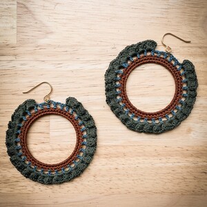 Crocheted ruffled hoop earrings sage, dusty blue, brown image 3