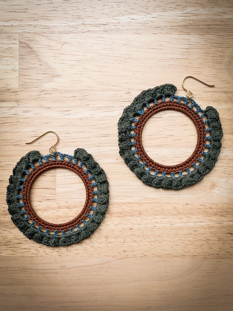 Crocheted ruffled hoop earrings sage, dusty blue, brown image 3