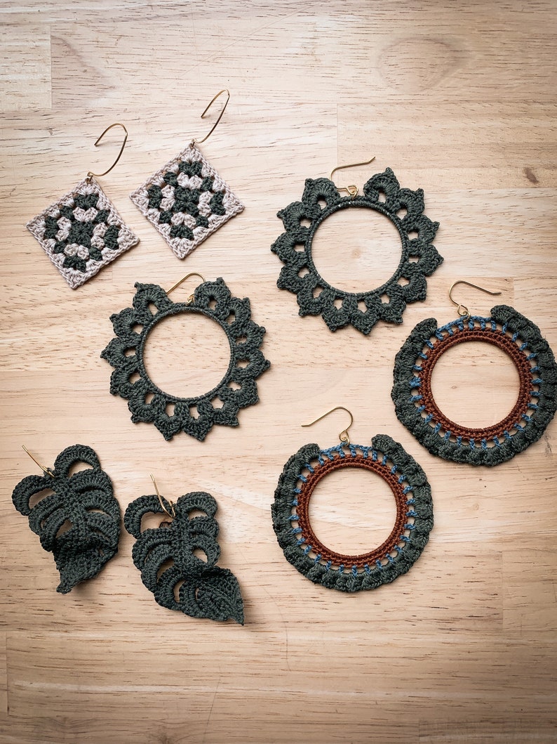 Crocheted ruffled hoop earrings sage, dusty blue, brown image 2