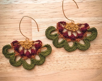 Petals Lace Crocheted Hoop Earrings in bright olive, mustard, & crimson