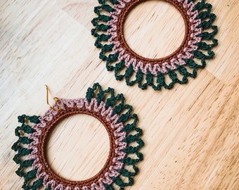 Crocheted hoop earrings- mauve, teal green, toffee brown
