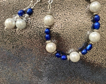 Blue and White Synthetic Pearl Bracelet and Earrings Set