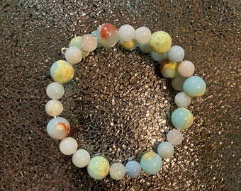 Azure Imperial Jasper and Morganite Bead Memory Wire Bracelet