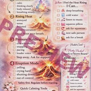 May include: A colorful infographic titled "Spark to Storm Board" with a floral design. It outlines emotional states and coping strategies, including "Grounded," "Rising Heat," and "Eruption Mode." It also includes quick calming tools.