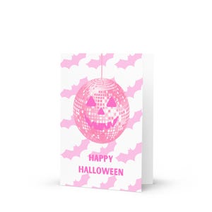 Wesołego Halloween, kartka z życzeniami | Różowa kula dyskotekowa, dynia