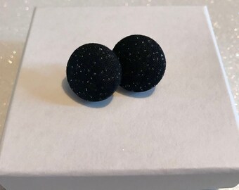 Black, with Silver Glitter Button Earrings, Black Earrings, Glitter Earrings, Stylish Earrings, Nickel Free, 3/4" Size