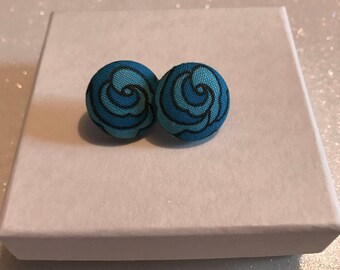 Blue Flower Button Earrings, Flower Earrings, Blue Earrings, Stylish Earrings, Nickel Free, 3/4" Size