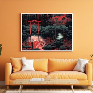 May include: A digital art print featuring a red Japanese torii gate in a dark forest with a red and white moon in the background. The print has a white border and is framed.