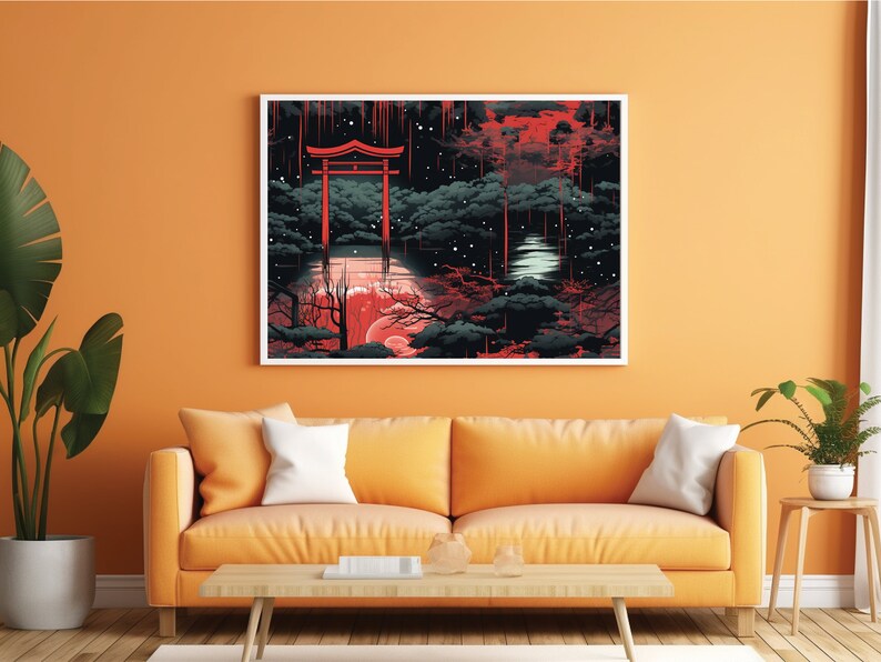 May include: A digital art print featuring a red Japanese torii gate in a dark forest with a red and white moon in the background. The print has a white border and is framed.