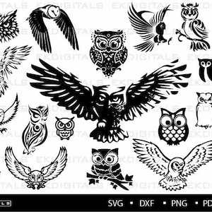 Nachtelijke uilenbundel | Vinyl logo Sticker Stencil | Clipart Printable, Snijden bestanden Cricut, Silhouet Cameo | Svg, Png, Dxf, Eps, Pdf