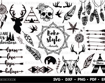 Bohemian Tribal Bundle | Logo Vinyl Stencil | Boho Style Clipart Print | Cricut Cutting files, Silhouette Cameo | Svg, Png, Dxf, Eps, Pdf