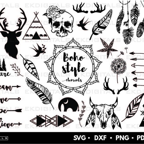 Boho Tribal Bundle | Logo Vinyl Stencil | Boho Style Clipart Print | Cricut Schneiden von Dateien, Silhouette Cameo | Svg, Png, Dxf, Eps, Pdf