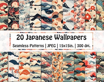 Papier peint japonais Motifs SANS COUTURE | Papier numérique pour toile de fond japonaise minimaliste | Modèle sans couture de vagues | Imprimable | Téléchargement instantané |