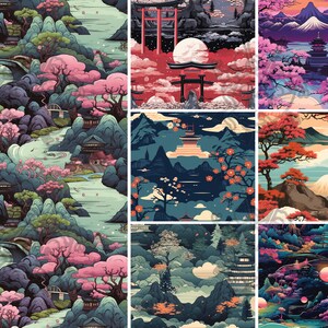 May include: A collage of nine digital illustrations depicting various Japanese landscapes. The scenes feature mountains, cherry blossoms, pagodas, and traditional red gates. The colors are vibrant and the style is whimsical.